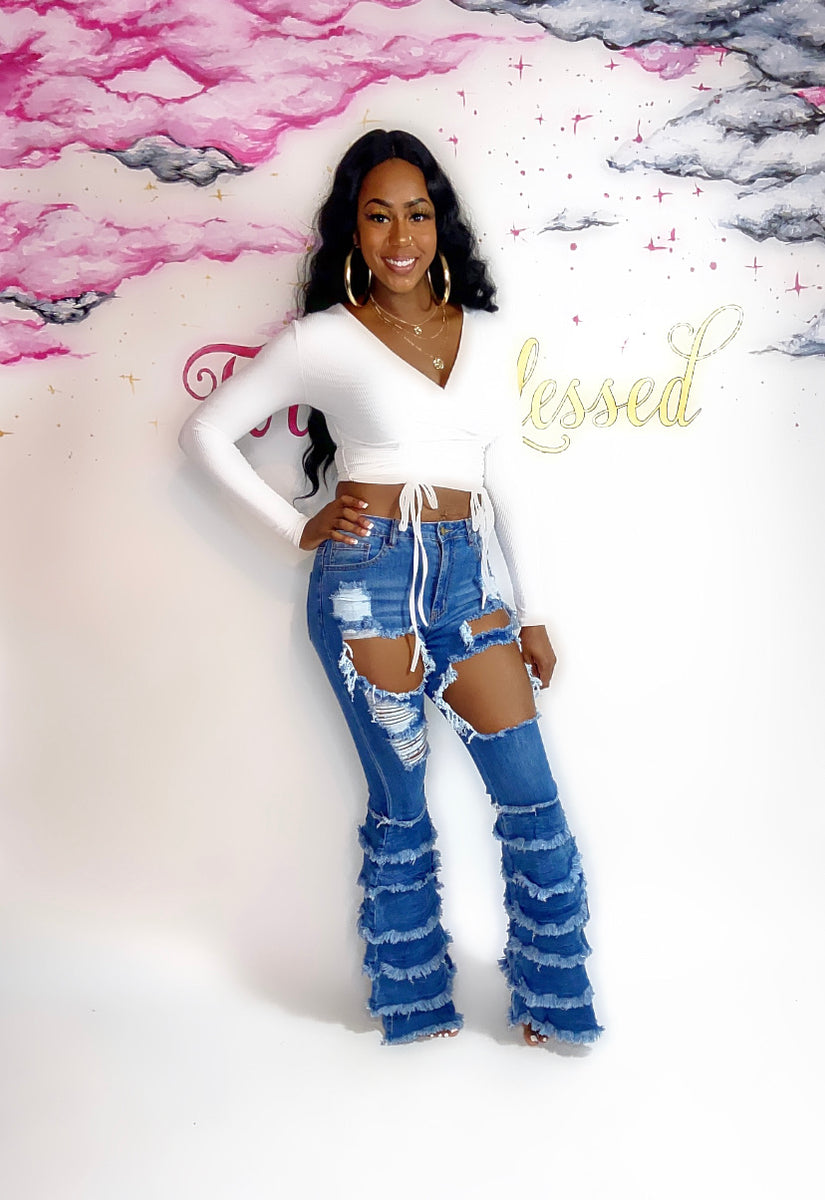 Ruffle Distressed Bell Bottom Jeans – Forever Blessed Boutique